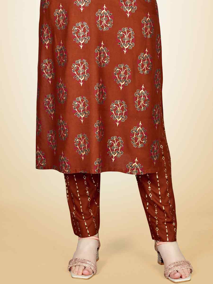 Rust Heavy Rayon 14 Kgs Embroidered Festival Casual Kurti With Bottom