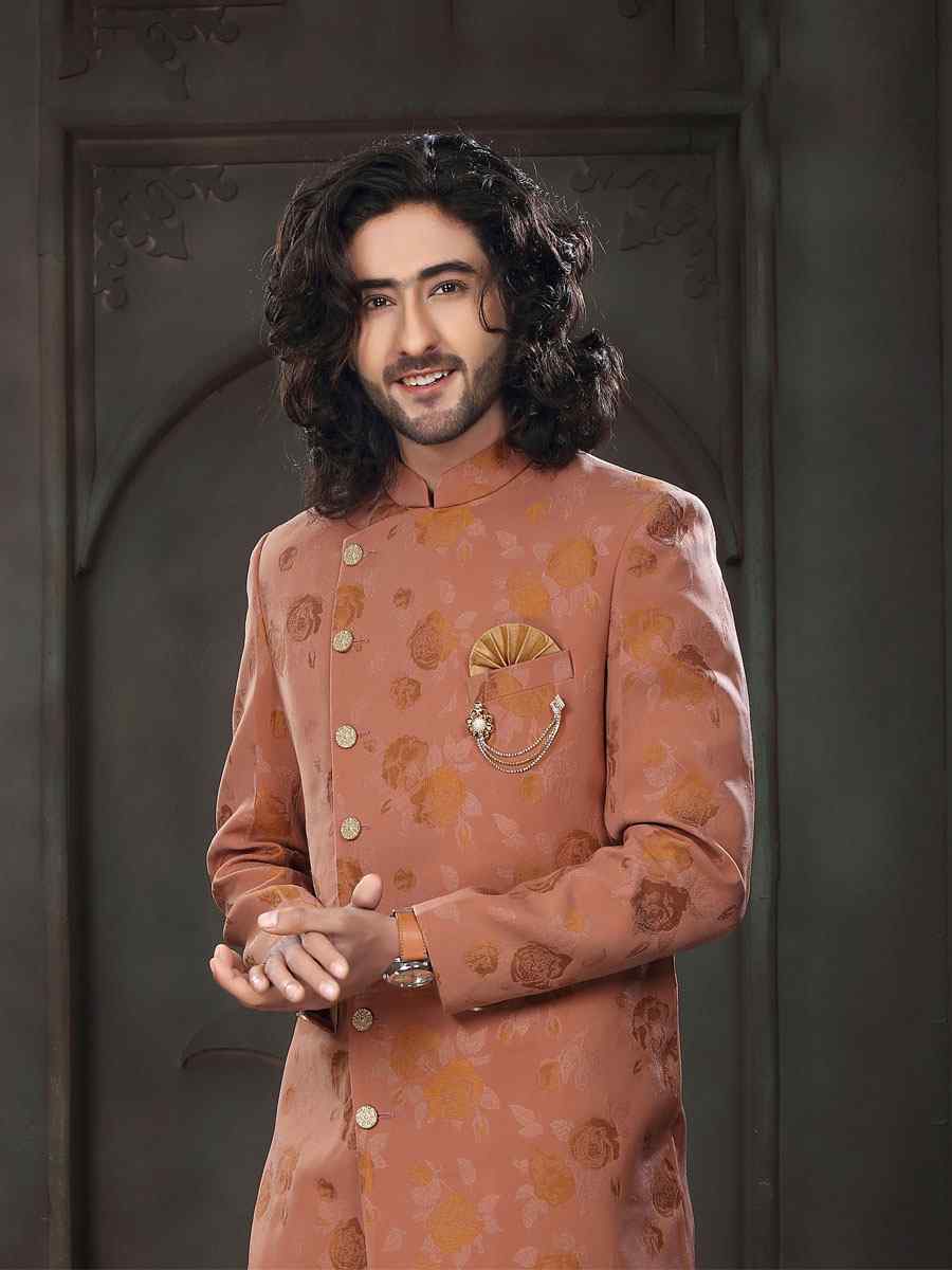 Rust Imported Embroidered Wedding Party Sherwani