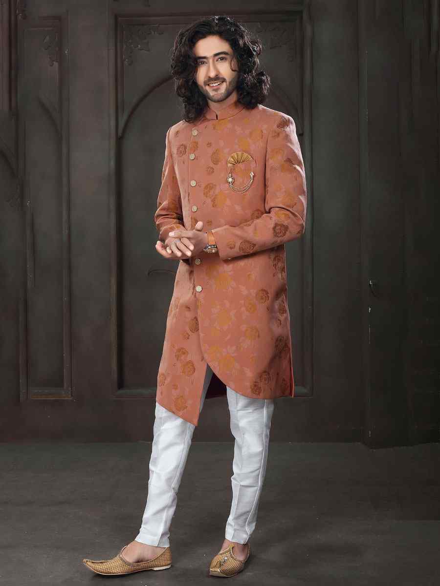 Rust Imported Embroidered Wedding Party Sherwani