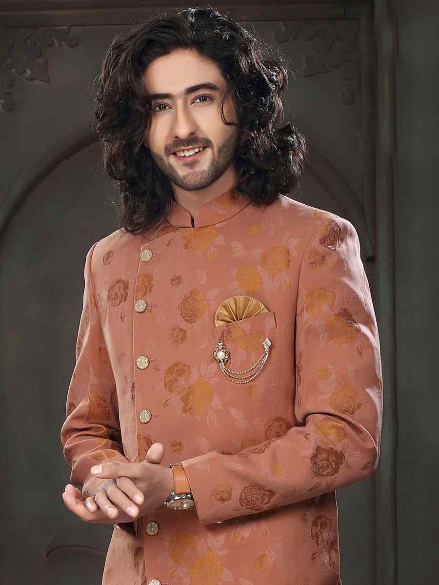 Rust Imported Woven Groom Wedding Sherwani