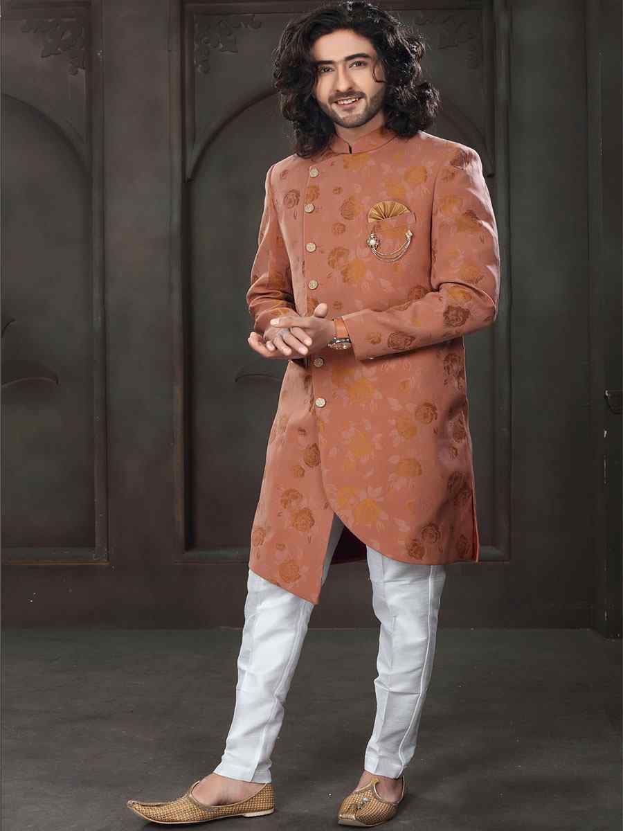 Rust Imported Woven Groom Wedding Sherwani