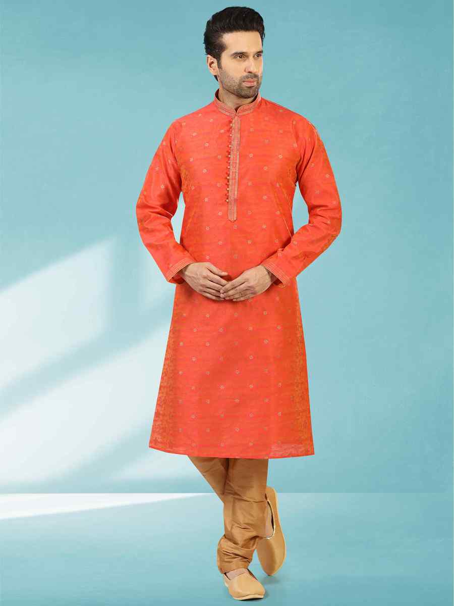 Rust Jacquard Silk Brocade Woven Party Churidar Kurta