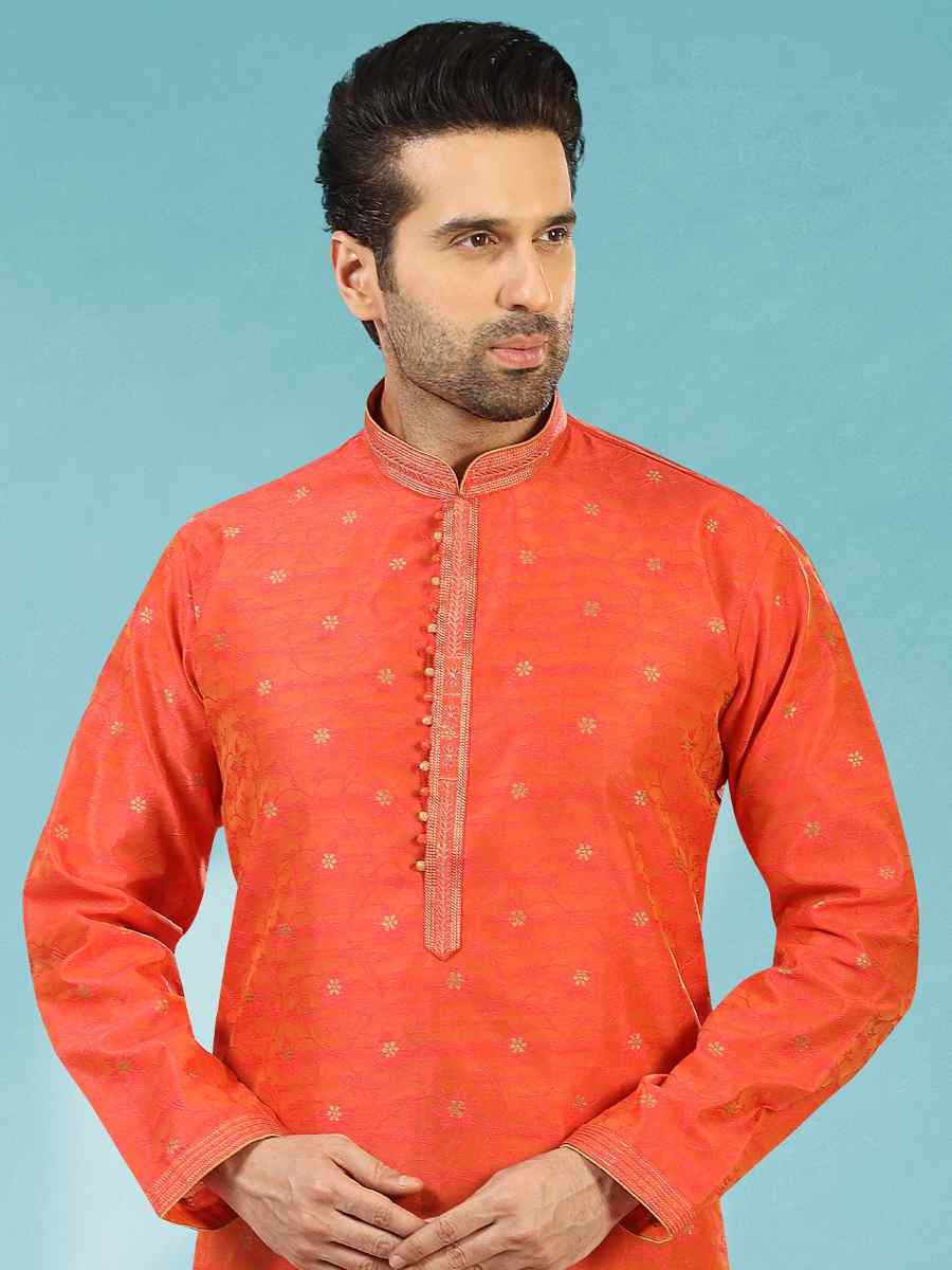 Rust Jacquard Silk Brocade Woven Party Churidar Kurta