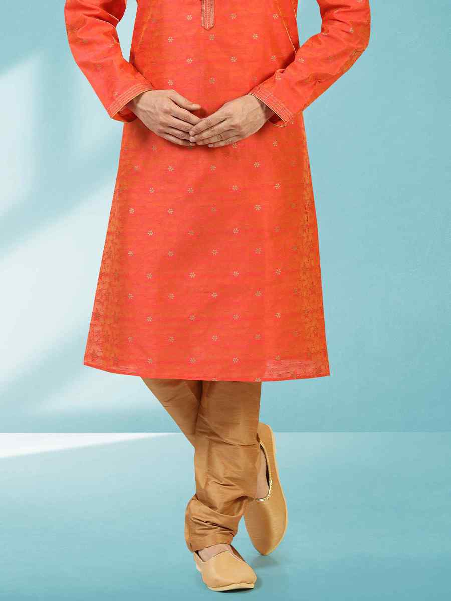 Rust Jacquard Silk Brocade Woven Party Churidar Kurta