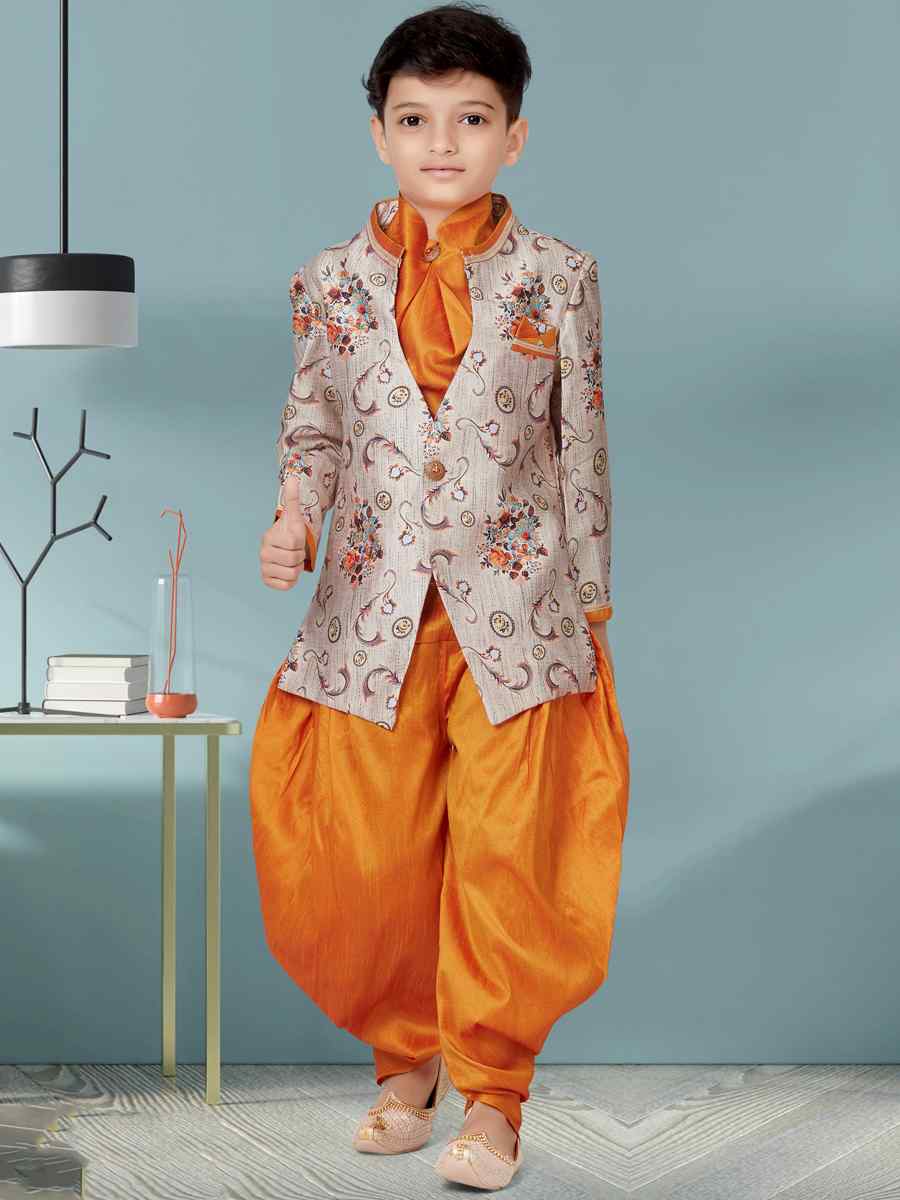 Rust Jacquard Silk Floral Party Festival Kurta Dhoti Boys Wear