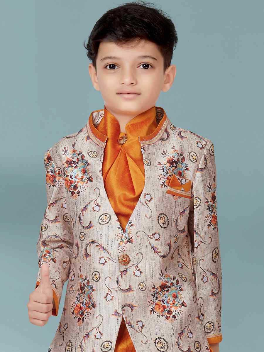 Rust Jacquard Silk Floral Party Festival Kurta Dhoti Boys Wear