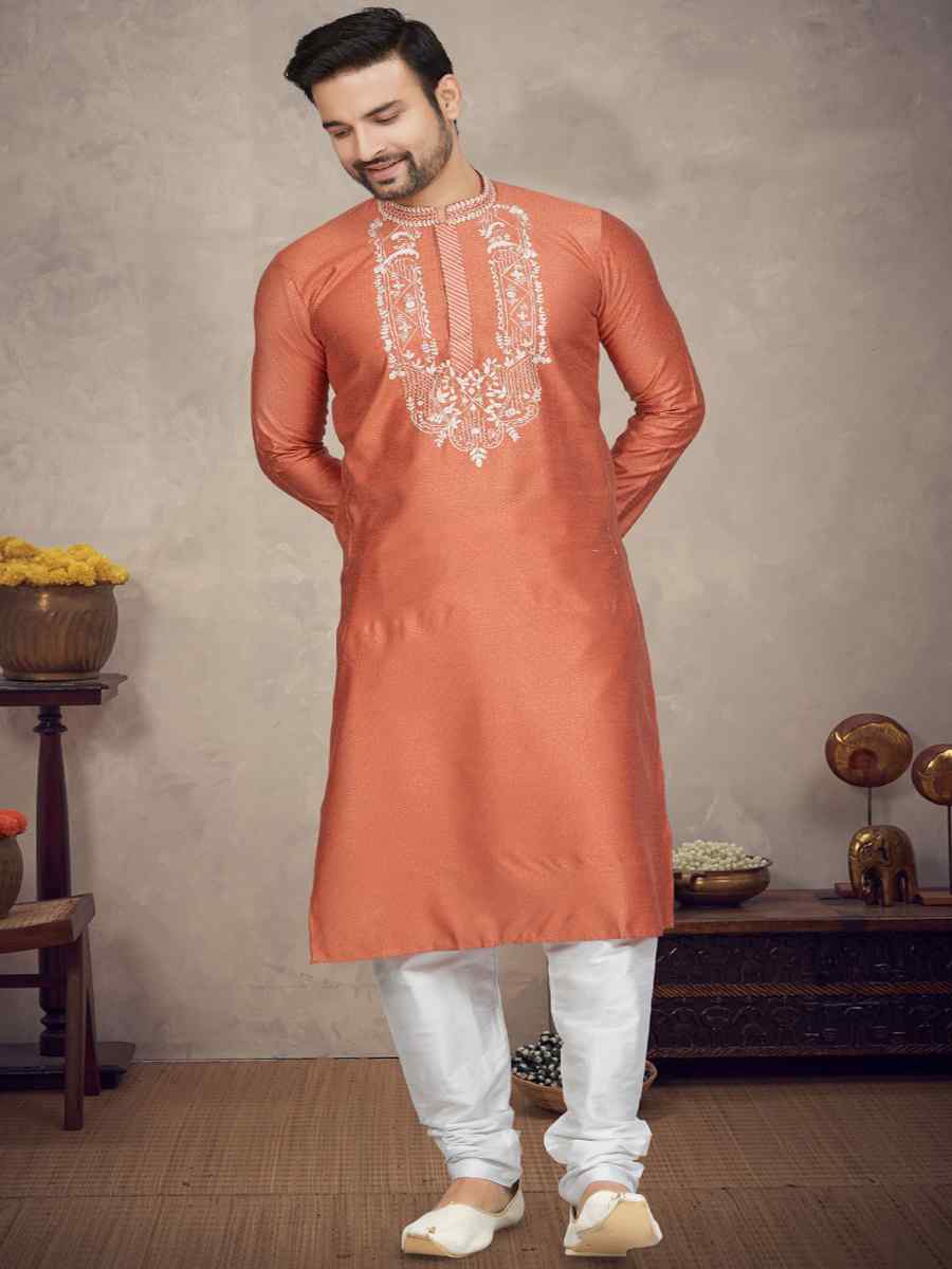 Rust Jacquard Woven Festival Mehendi Kurta