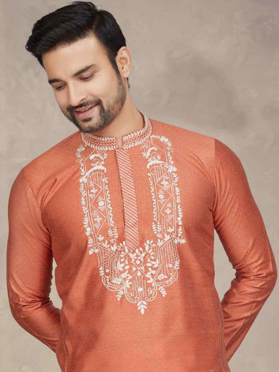 Rust Jacquard Woven Festival Mehendi Kurta