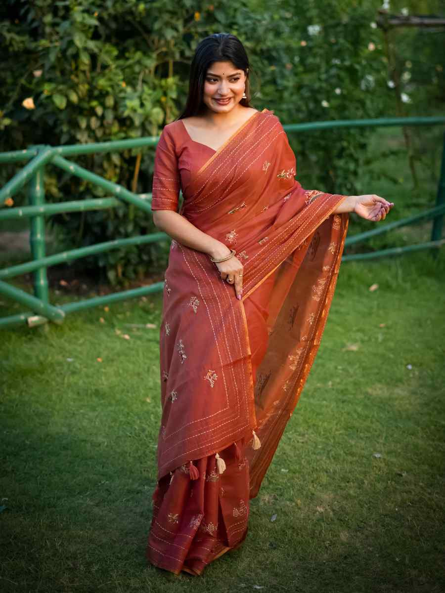 Rust Khadi Tussar Silk Embroidery Festival Wedding Fancy Heavy Border Saree