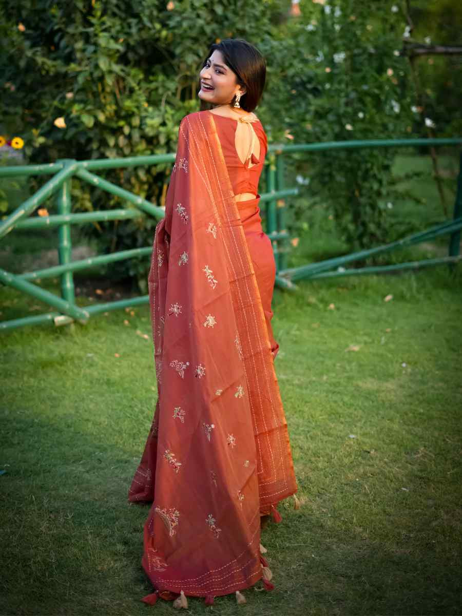 Rust Khadi Tussar Silk Embroidery Festival Wedding Fancy Heavy Border Saree