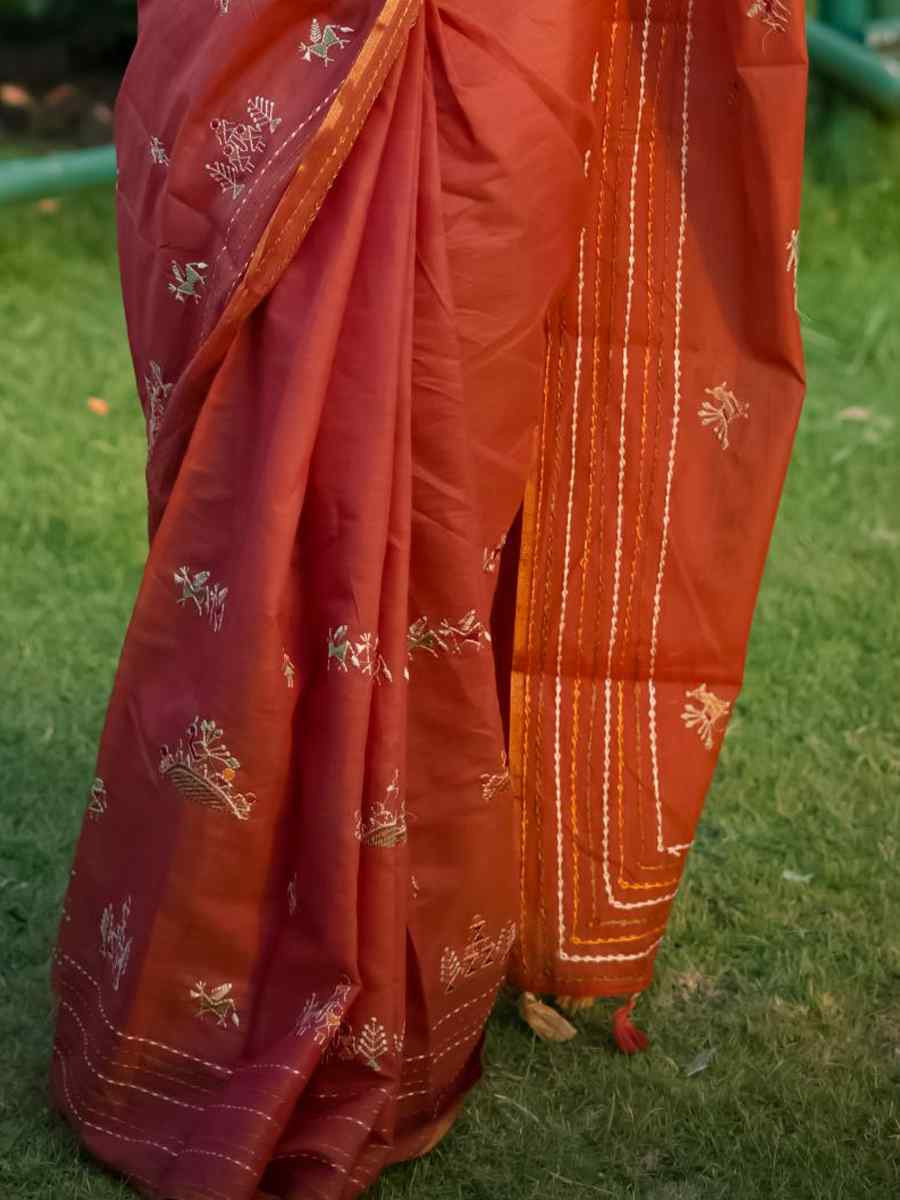 Rust Khadi Tussar Silk Embroidery Festival Wedding Fancy Heavy Border Saree