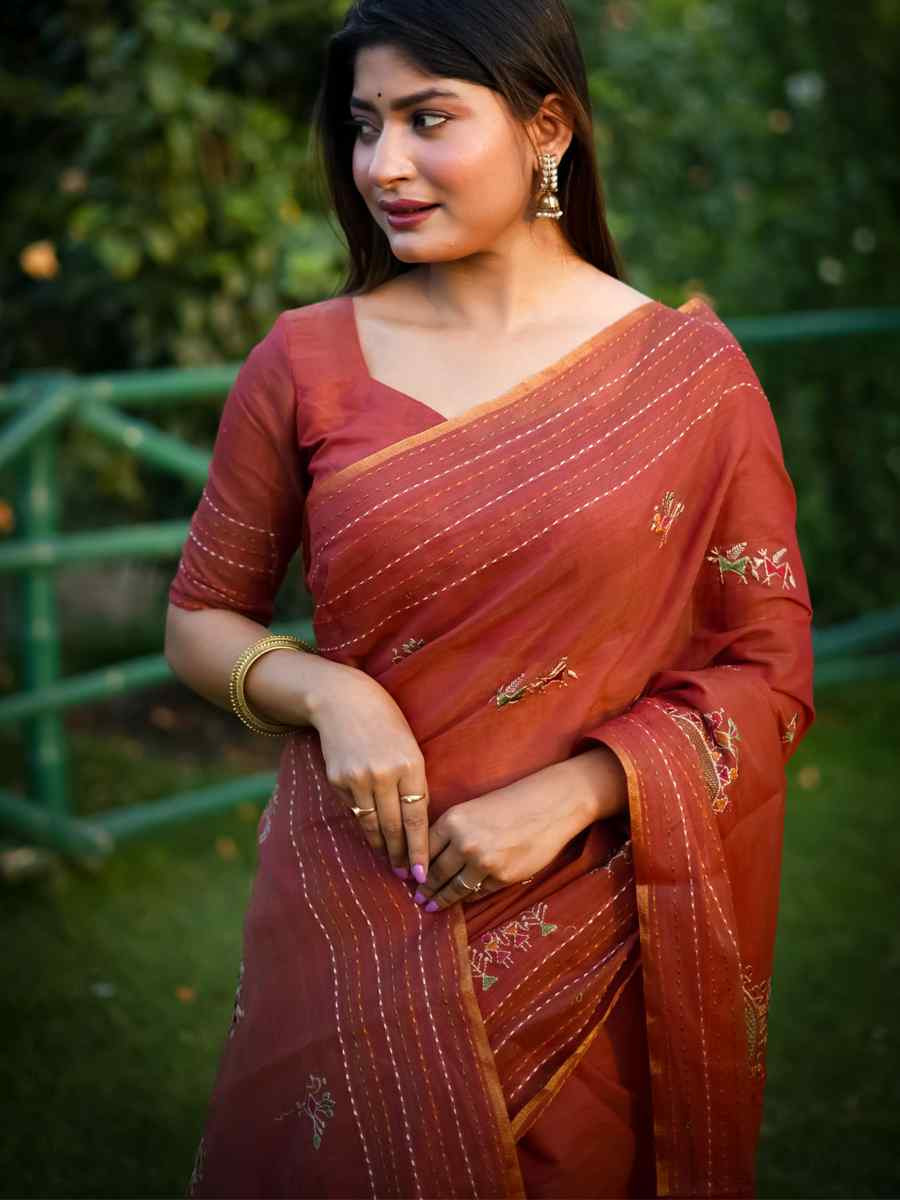 Rust Khadi Tussar Silk Embroidery Festival Wedding Fancy Heavy Border Saree