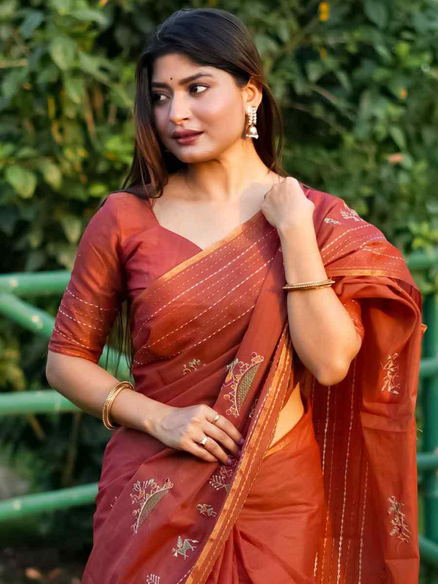 Rust Khadi Tussar Silk Embroidery Festival Wedding Fancy Heavy Border Saree