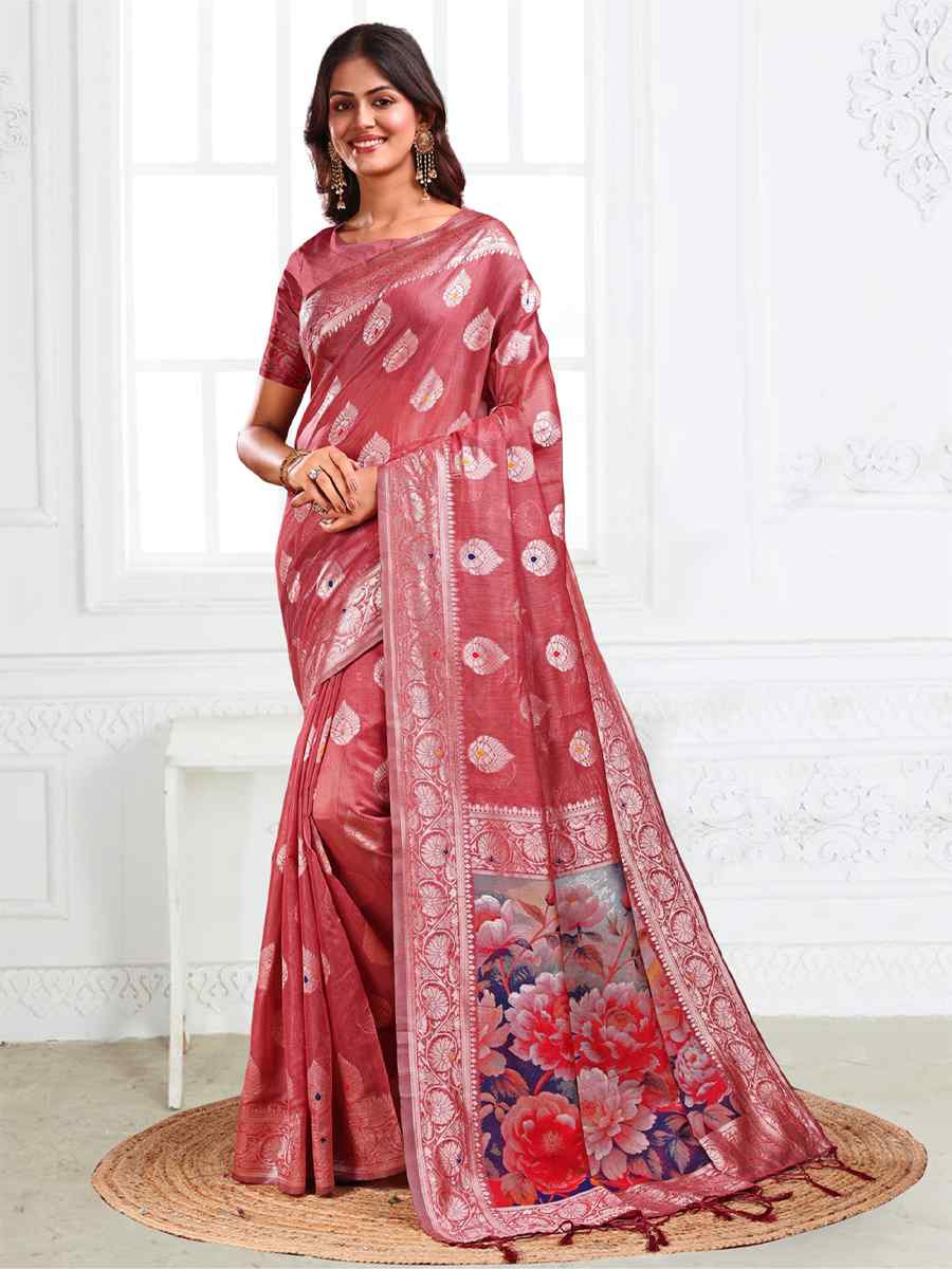 Rust Linen Cotton Handwoven Festival Wedding Fancy Heavy Border Saree