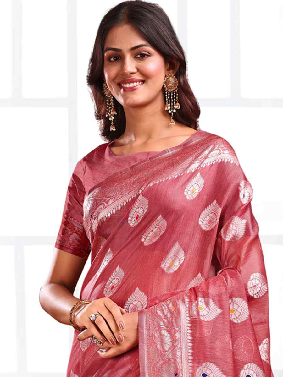 Rust Linen Cotton Handwoven Festival Wedding Fancy Heavy Border Saree