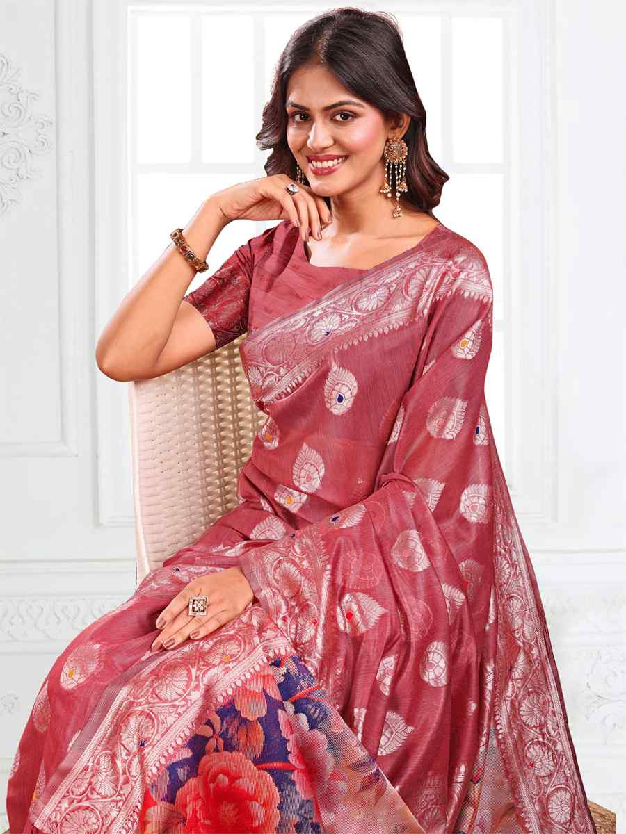 Rust Linen Cotton Handwoven Festival Wedding Fancy Heavy Border Saree