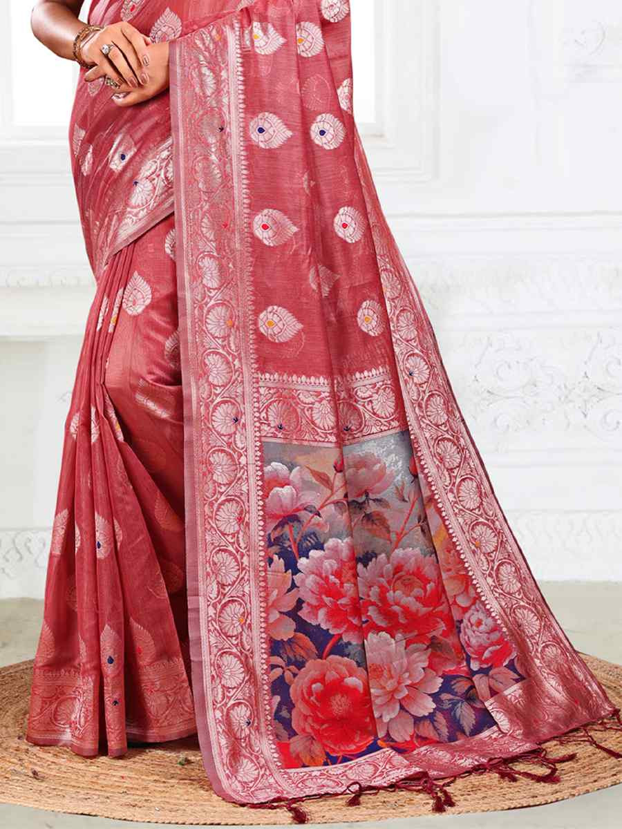 Rust Linen Cotton Handwoven Festival Wedding Fancy Heavy Border Saree
