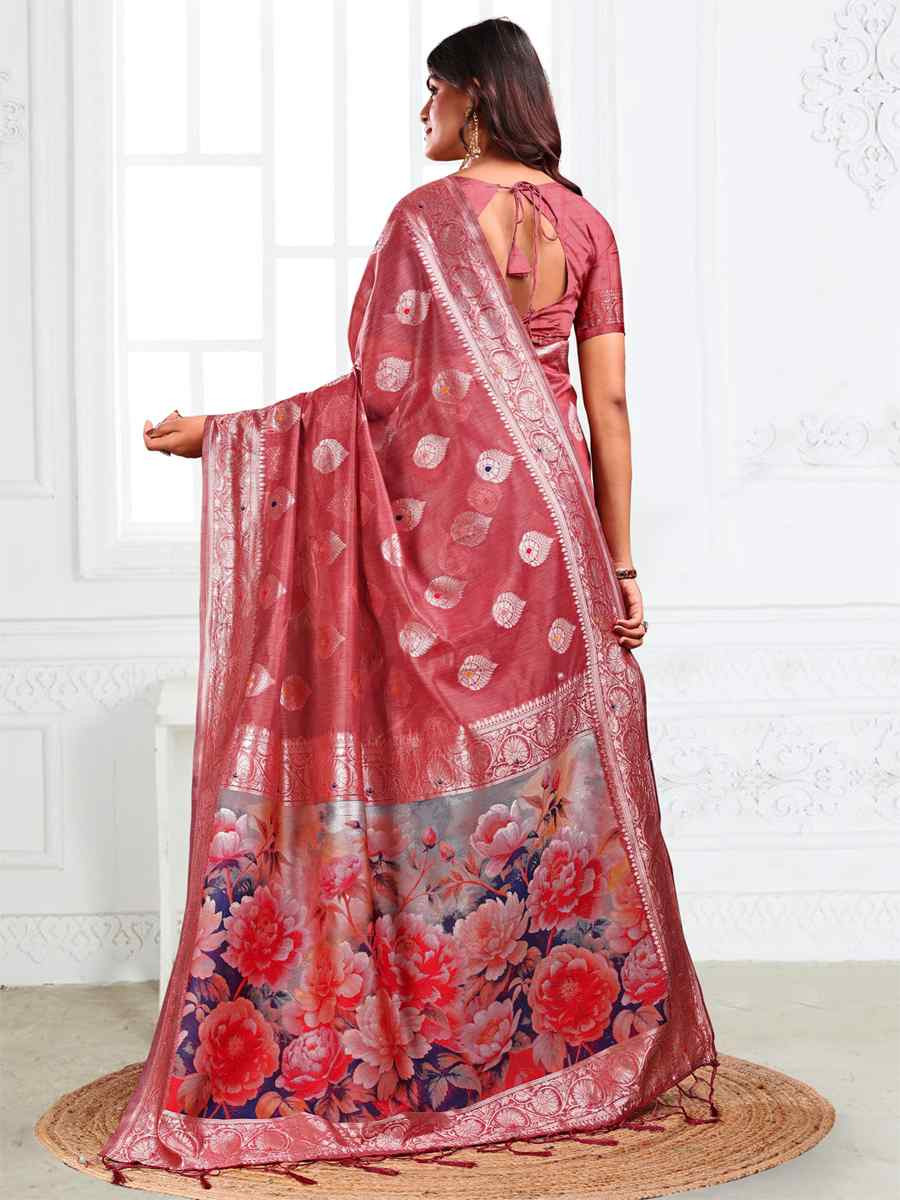 Rust Linen Cotton Handwoven Festival Wedding Fancy Heavy Border Saree