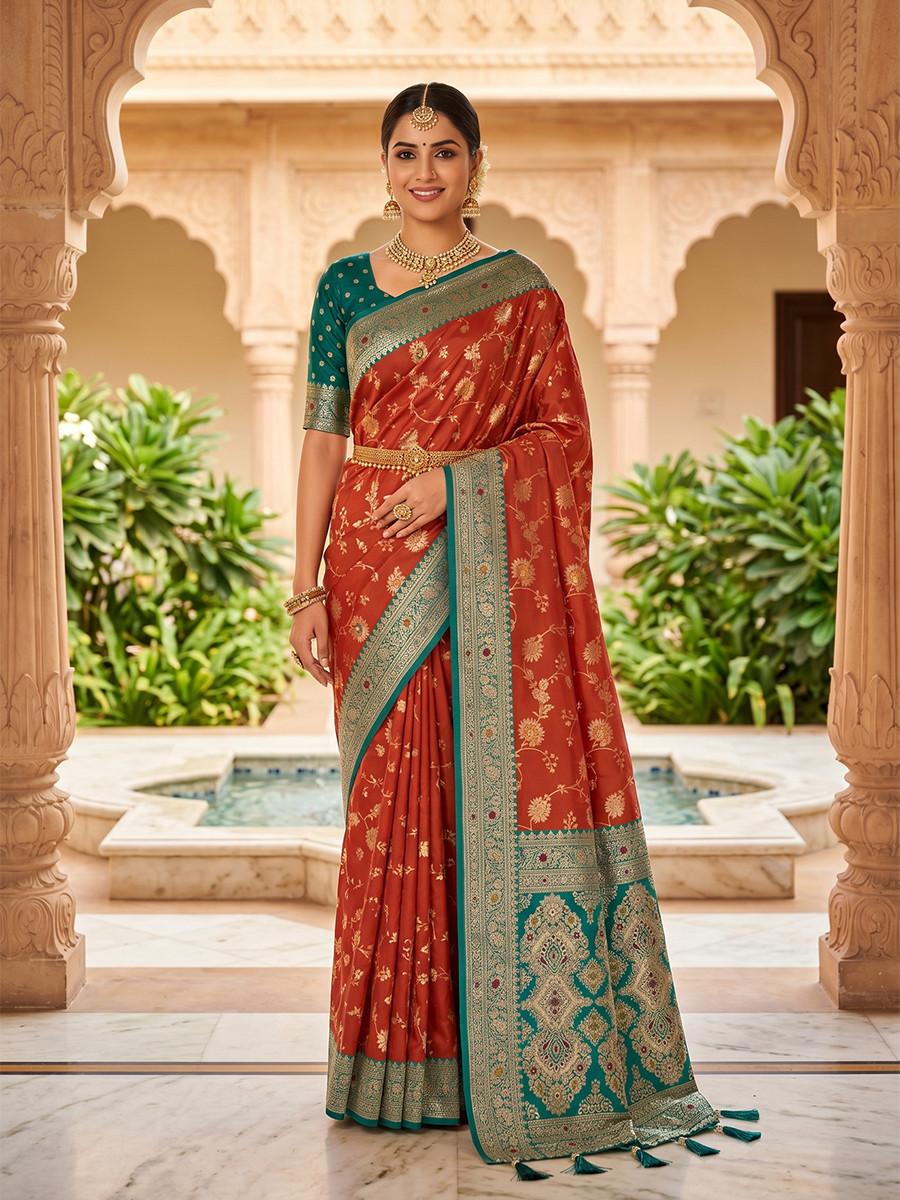 Rust Orange  Soft Banarasi Silk Zari Weaving Meenakari Touchup Wedding Reception Party Festival Casual Heavy Border Sarees