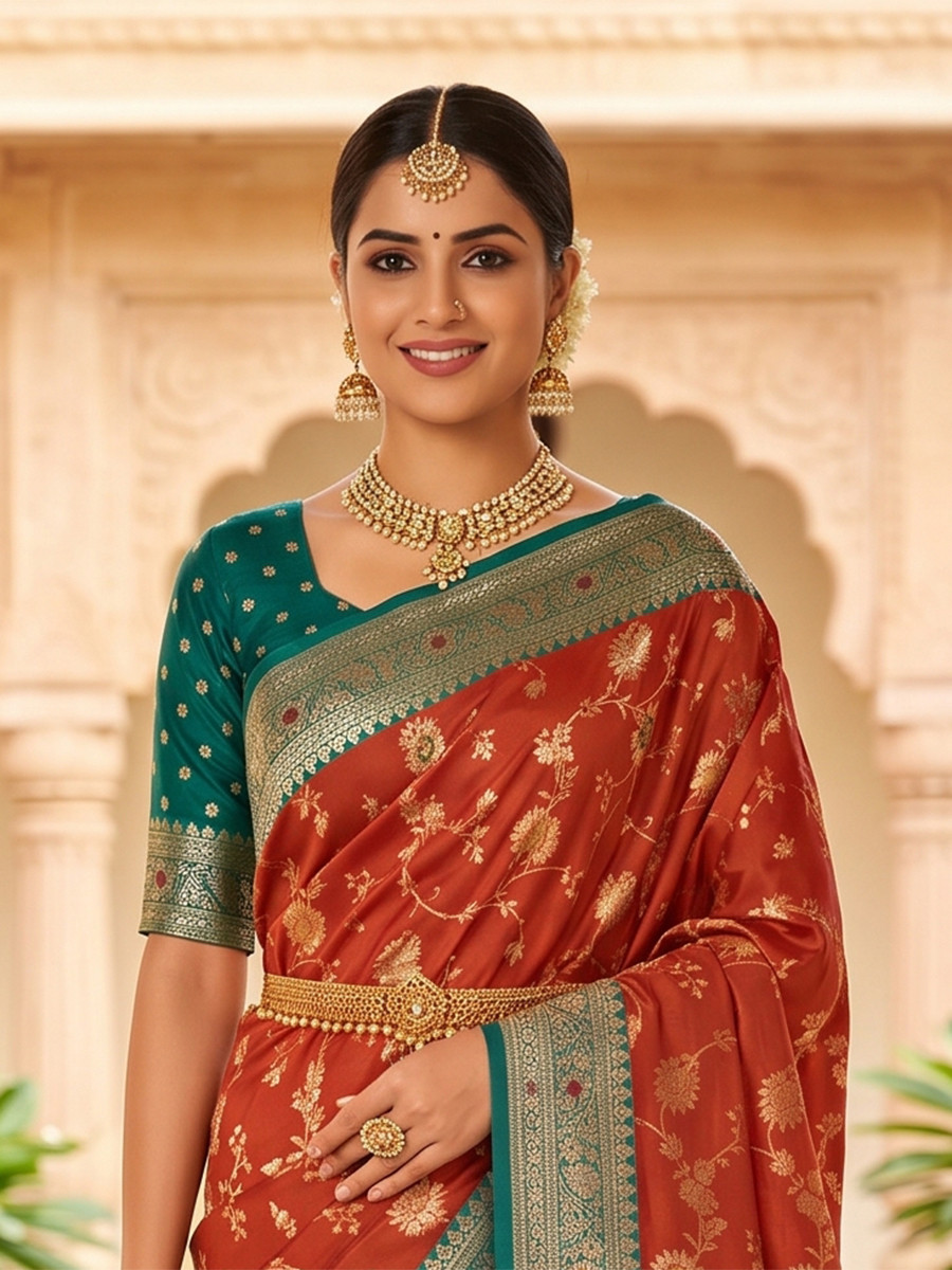 Rust Orange  Soft Banarasi Silk Zari Weaving Meenakari Touchup Wedding Reception Party Festival Casual Heavy Border Sarees