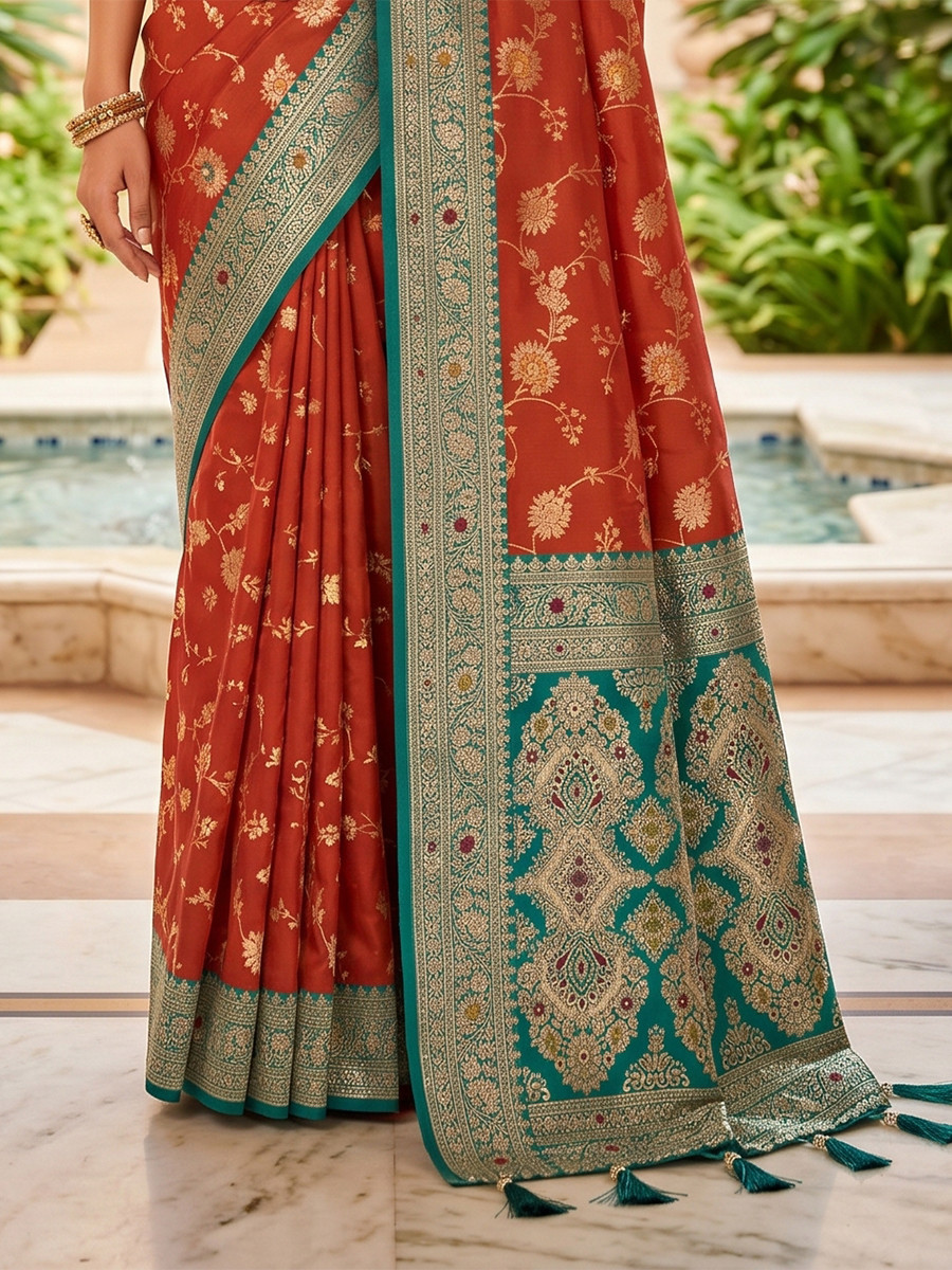 Rust Orange  Soft Banarasi Silk Zari Weaving Meenakari Touchup Wedding Reception Party Festival Casual Heavy Border Sarees