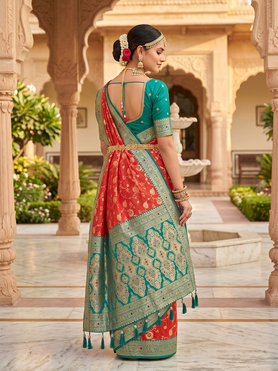 Rust Orange Soft Banarasi Silk Zari Weaving Meenakari Touchup Wedding Reception Party Festival Casual Heavy Border Sarees