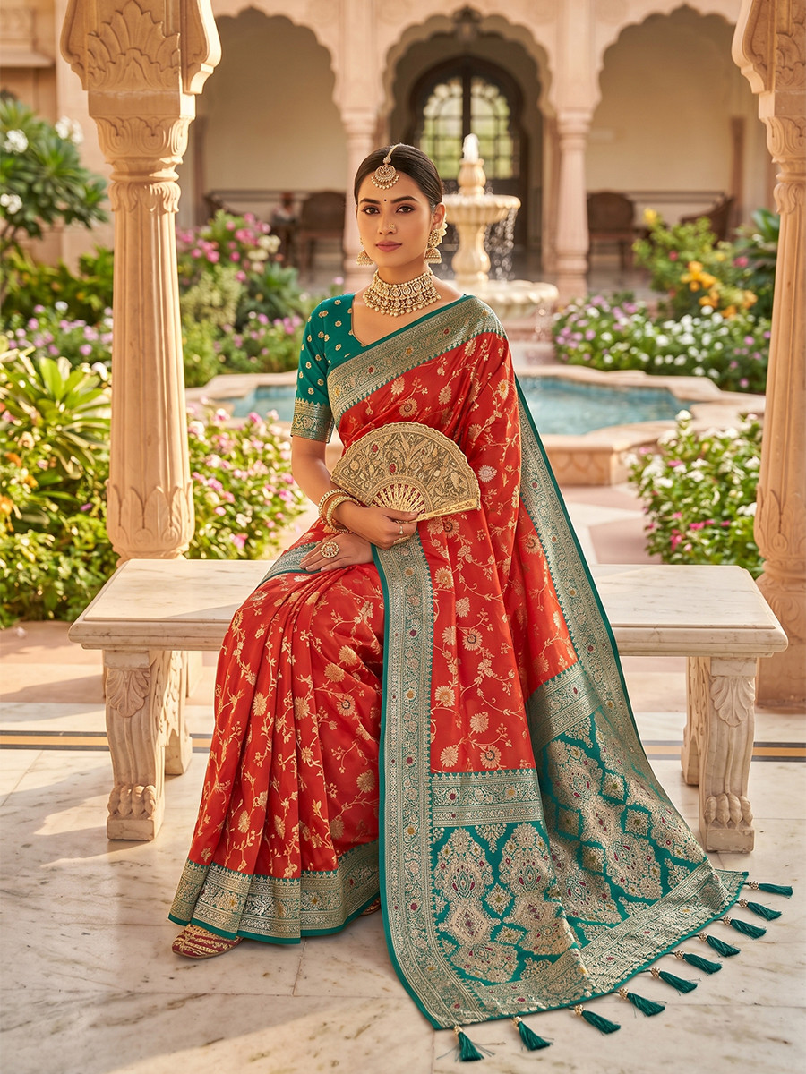 Rust Orange  Soft Banarasi Silk Zari Weaving Meenakari Touchup Wedding Reception Party Festival Casual Heavy Border Sarees