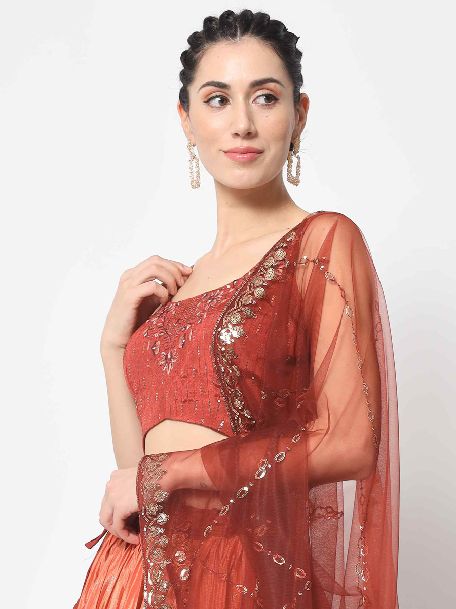 Rust Orange Chinon Silk Embroidered Festival Party Wear Heavy Border Lehenga Choli