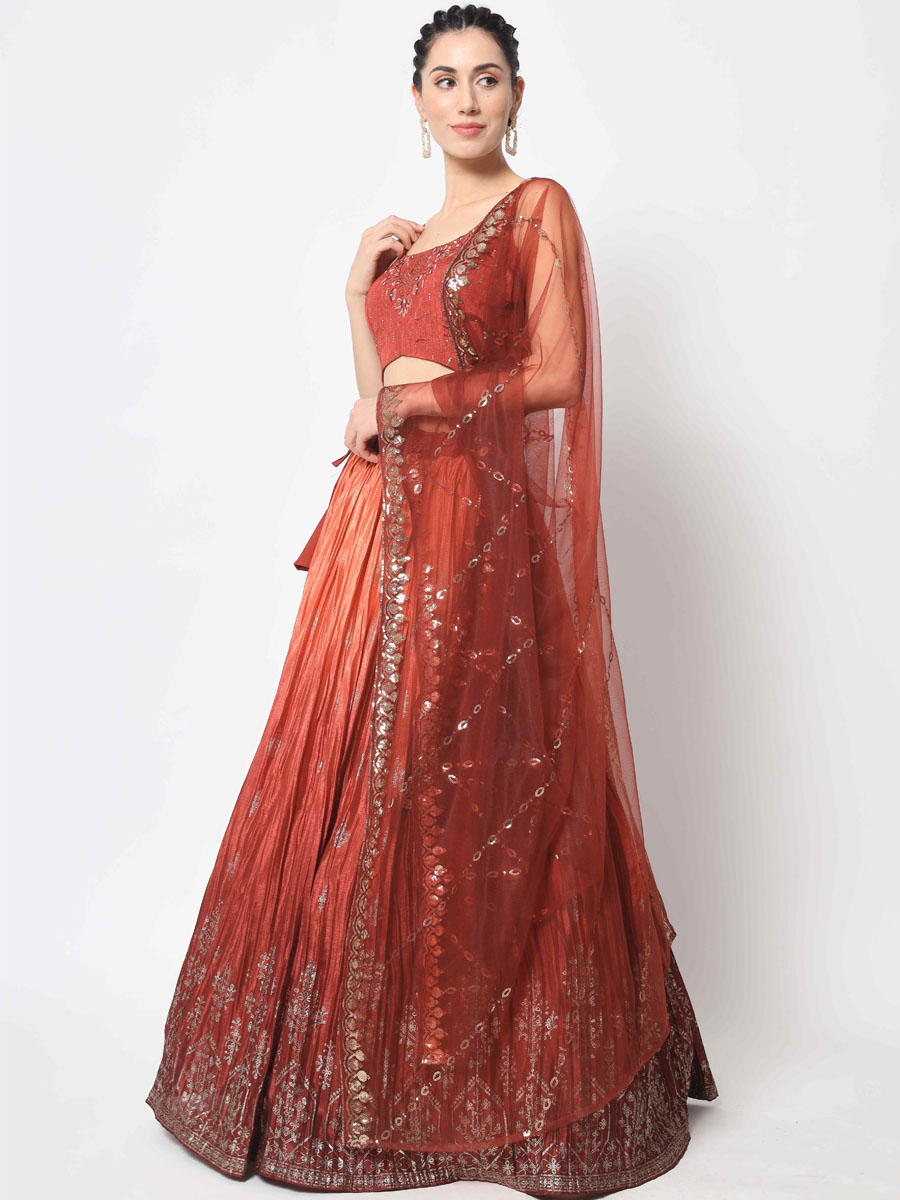 Rust Orange Chinon Silk Embroidered Festival Party Wear Heavy Border Lehenga Choli