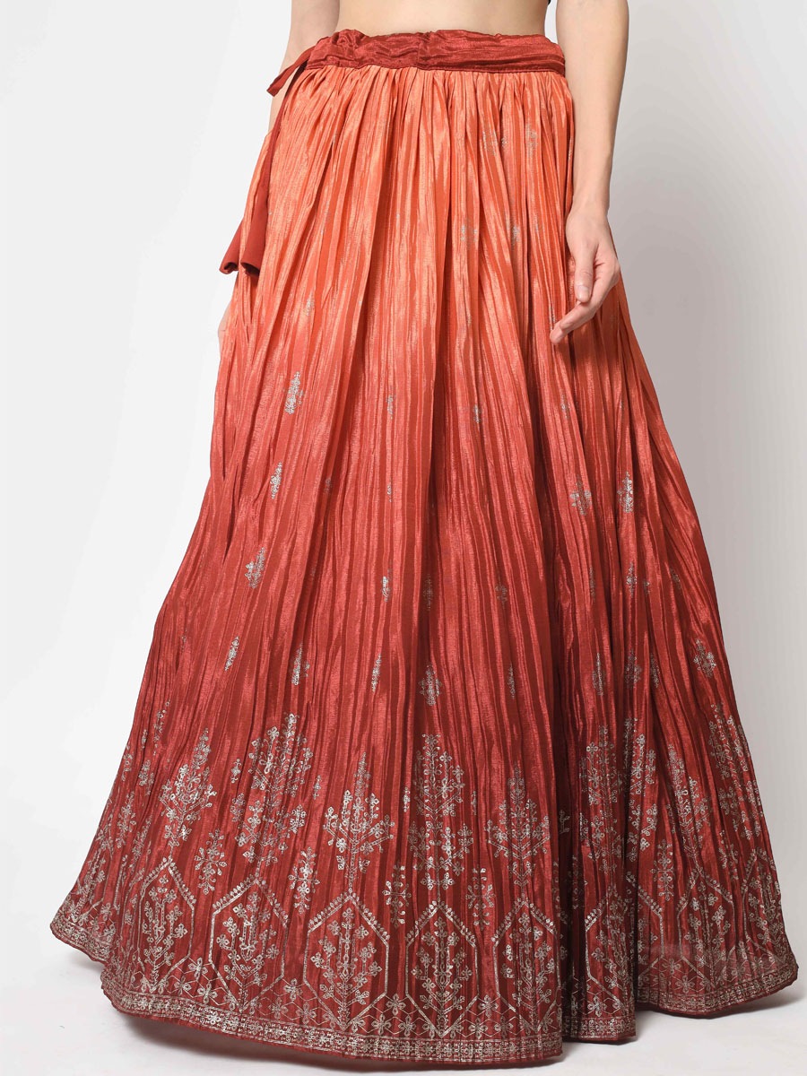 Rust Orange Chinon Silk Embroidered Festival Party Wear Heavy Border Lehenga Choli