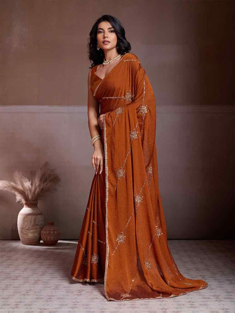 Rust Orange Crush Silk Embroidery Casual Festival Wedding Party Fancy Classic Style Sarees