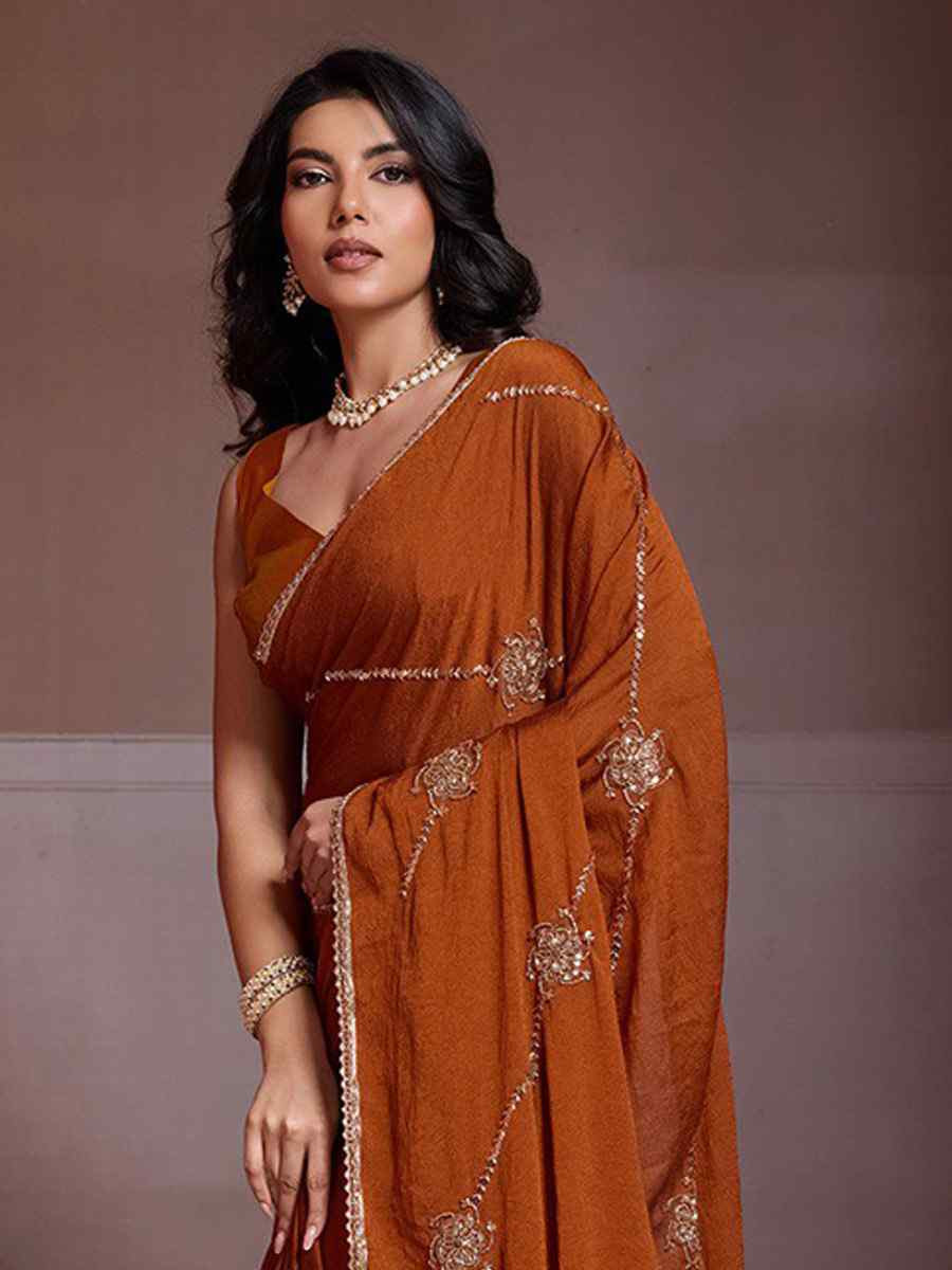 Rust Orange Crush Silk Embroidery Casual Festival Wedding Party Fancy Classic Style Sarees