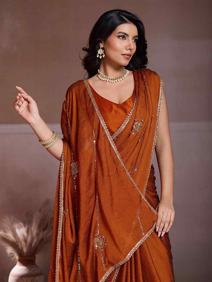 Rust Orange Crush Silk Embroidery Casual Festival Wedding Party Fancy Classic Style Sarees