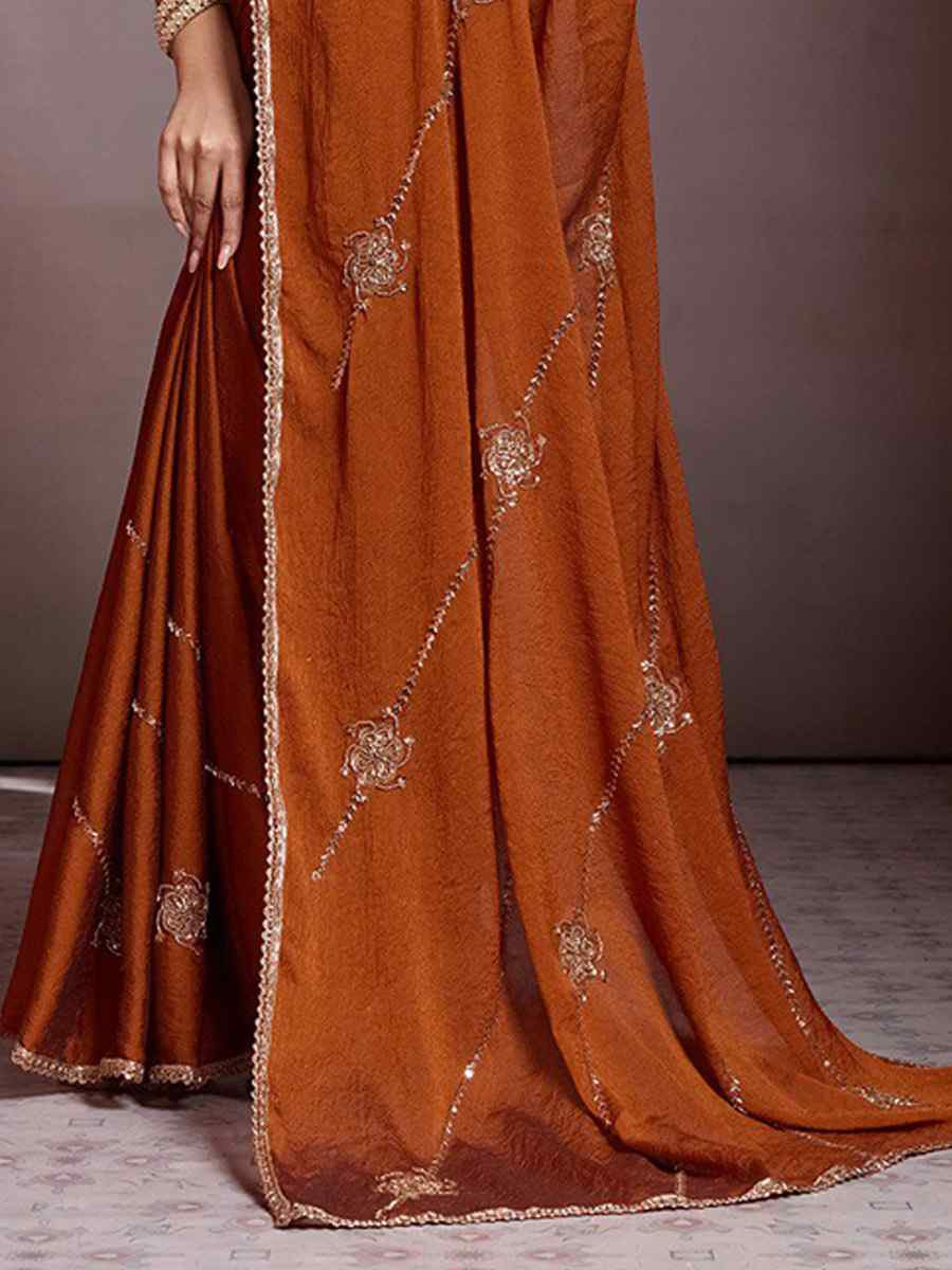 Rust Orange Crush Silk Embroidery Casual Festival Wedding Party Fancy Classic Style Sarees