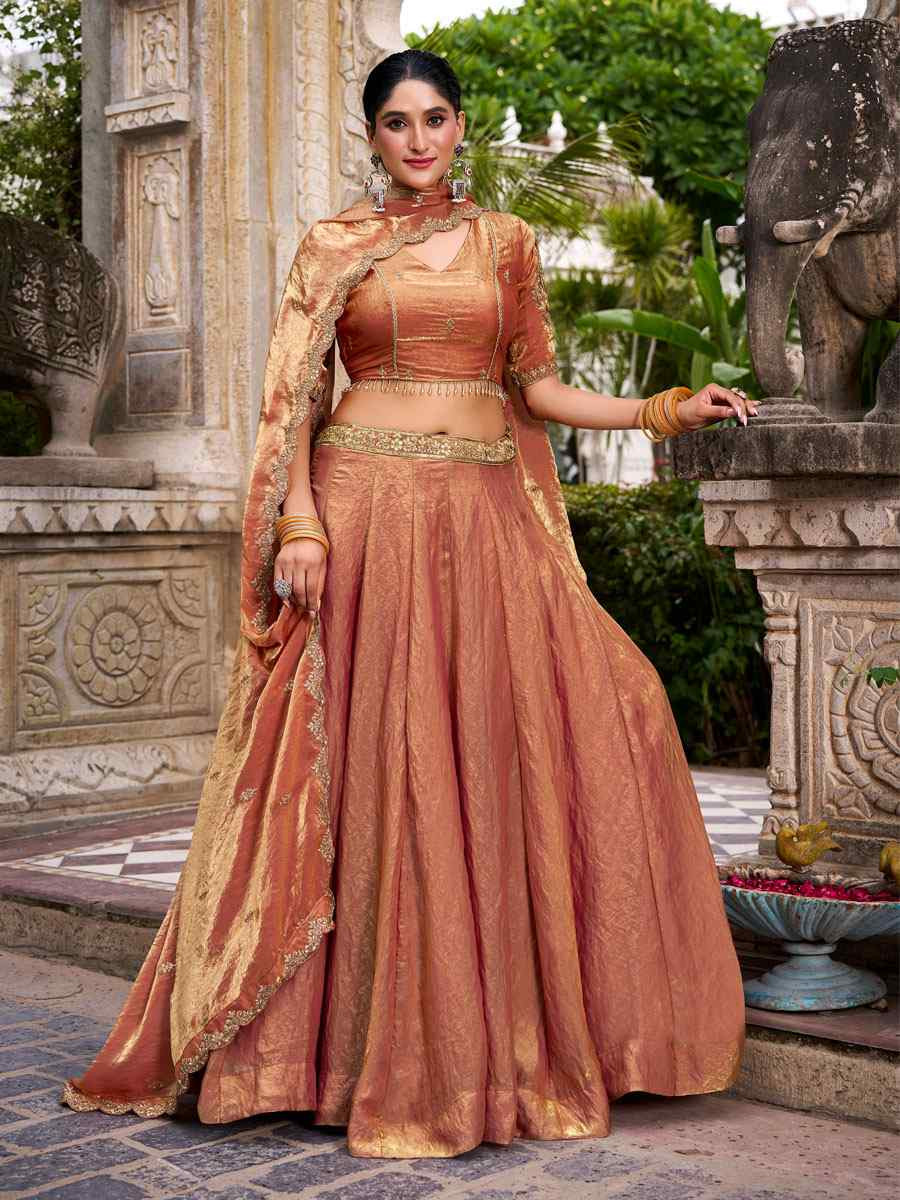 Rust Orange Fendi Silk Embroidered Bridal Wedding Reception Festival Heavy Border Lehenga Choli