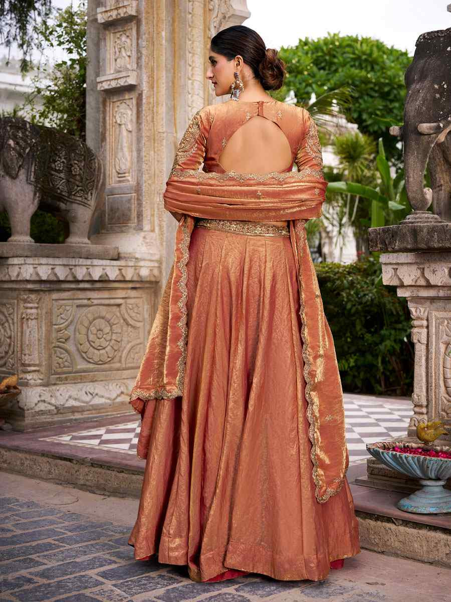 Rust Orange Fendi Silk Embroidered Bridal Wedding Reception Festival Heavy Border Lehenga Choli