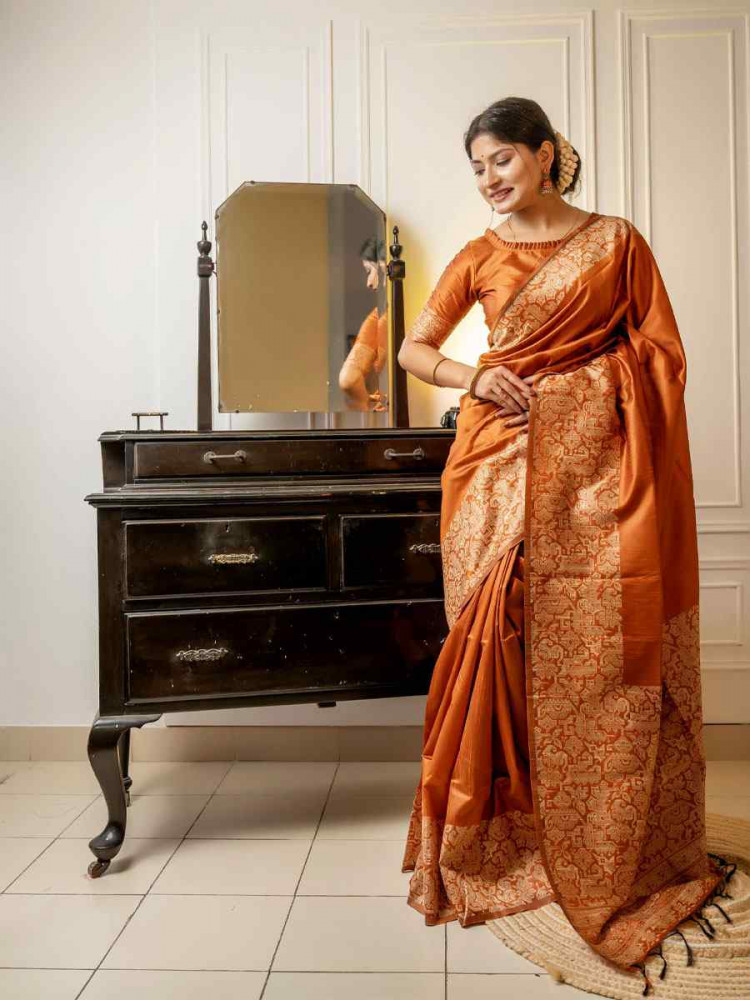 Image of Rust Orange Handloom Raw Silk Handwoven Casual Reception Festival Wedding Fancy Classic Style Sarees
