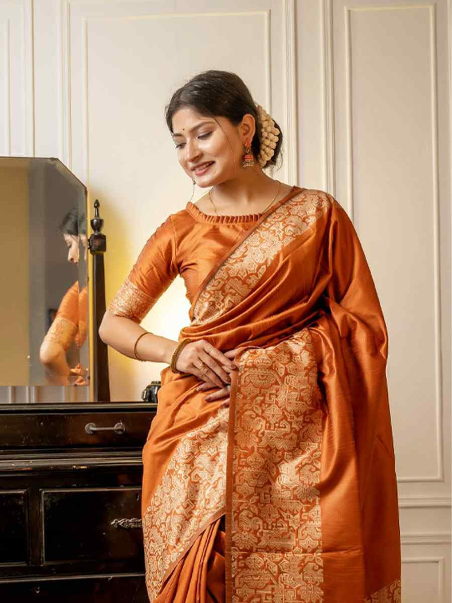 Rust Orange Handloom Raw Silk Handwoven Casual Reception Festival Wedding Fancy Classic Style Sarees