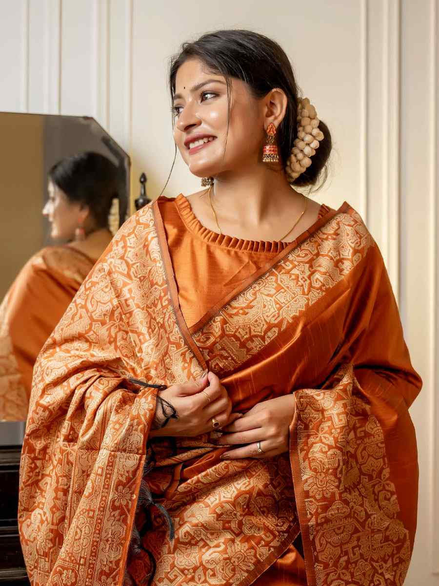 Rust Orange Handloom Raw Silk Handwoven Casual Reception Festival Wedding Fancy Classic Style Sarees