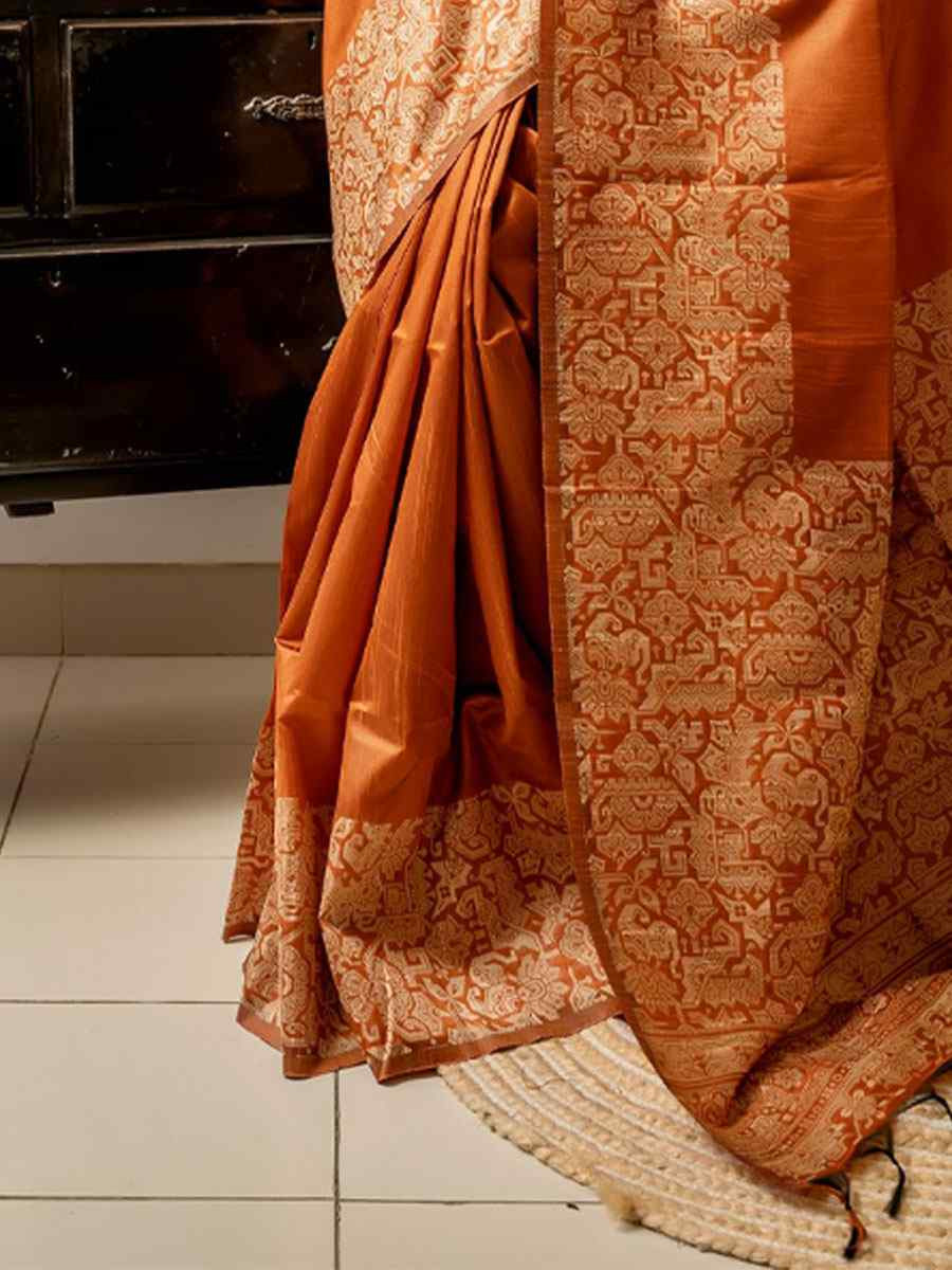 Rust Orange Handloom Raw Silk Handwoven Casual Reception Festival Wedding Fancy Classic Style Sarees
