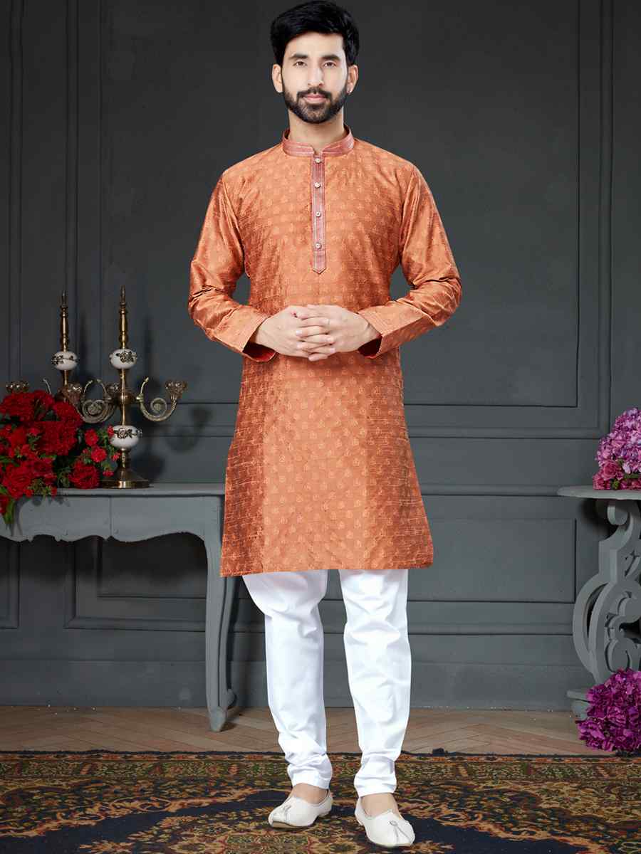 Rust Orange Silk Woven Festival Kurta