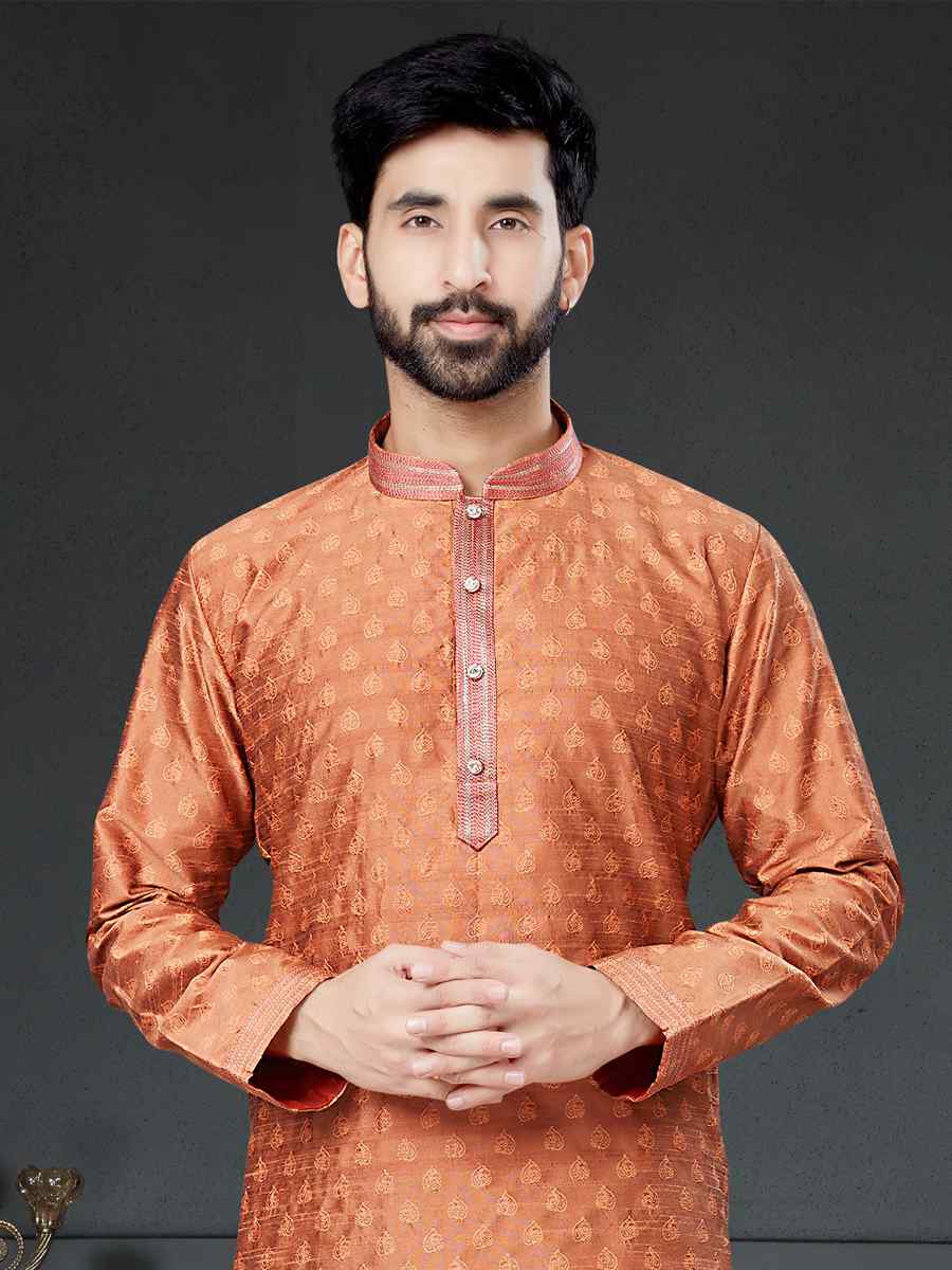 Rust Orange Silk Woven Festival Kurta