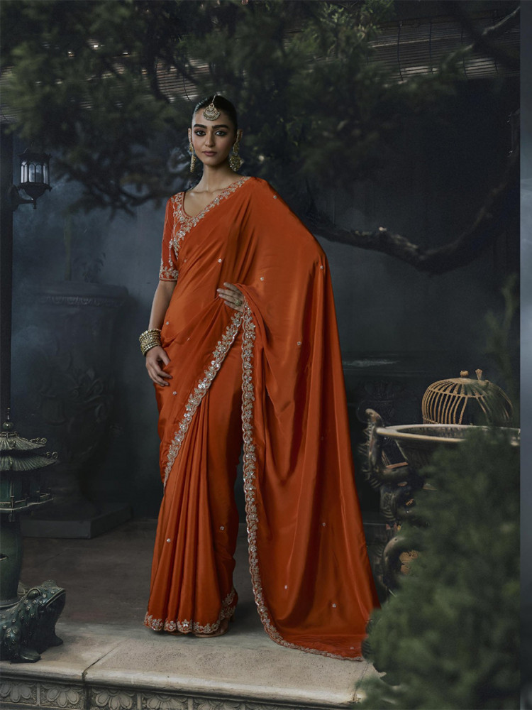 Image of Rust Orange Tissue Silk Embroidery Stone Work Sequins Wedding Reception Party Festival Casual Heavy Border Sarees