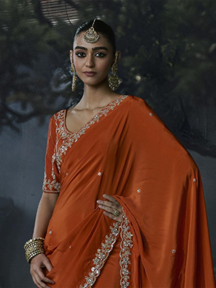 Rust Orange Tissue Silk Embroidery Stone Work Sequins Wedding Reception Party Festival Casual Heavy Border Sarees