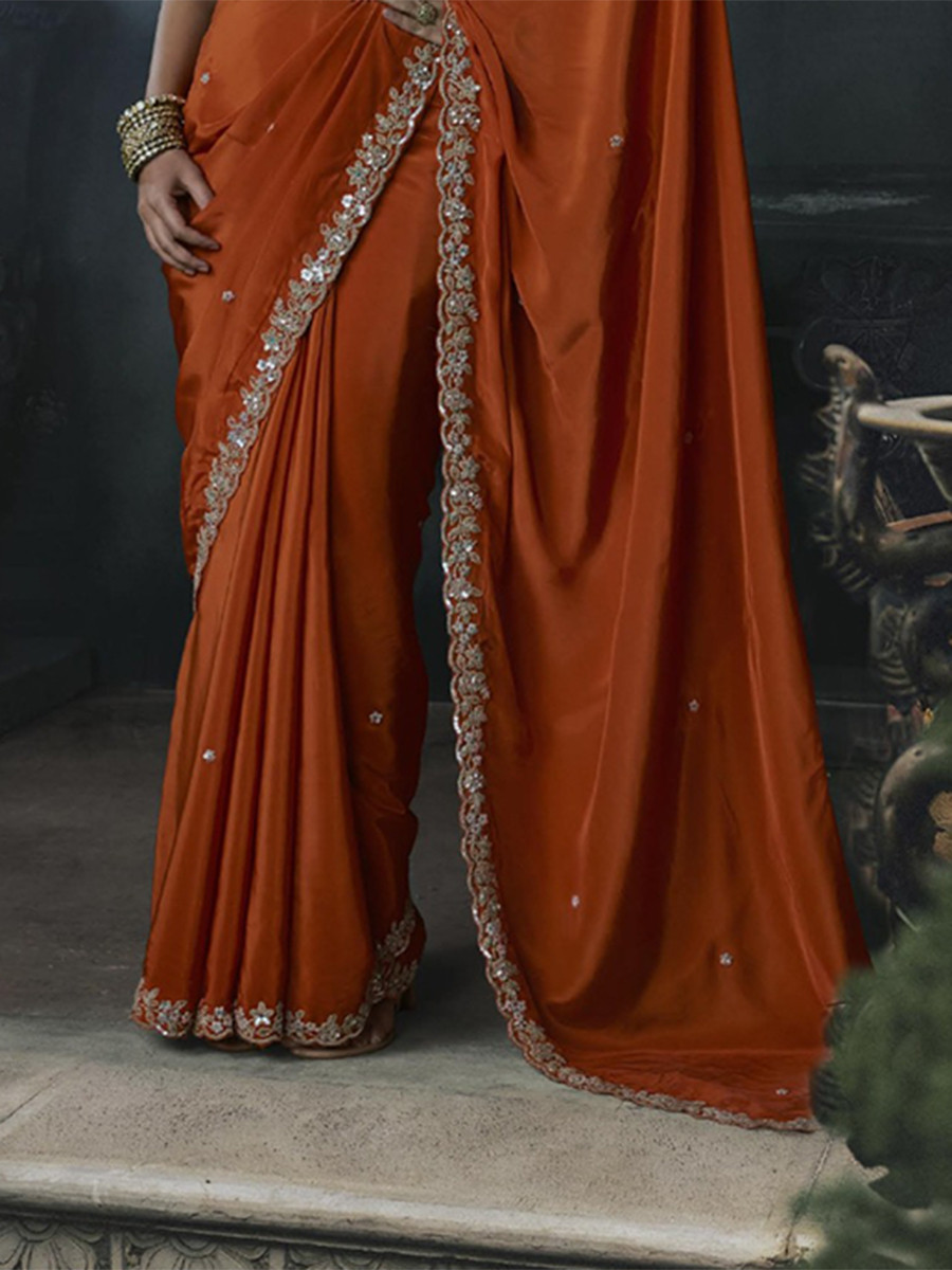 Rust Orange Tissue Silk Embroidery Stone Work Sequins Wedding Reception Party Festival Casual Heavy Border Sarees