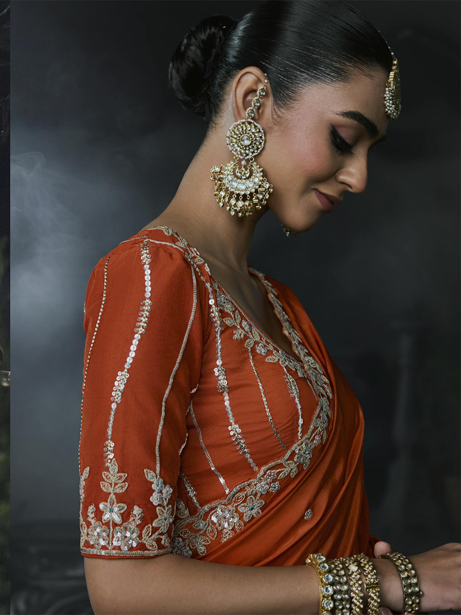 Rust Orange Tissue Silk Embroidery Stone Work Sequins Wedding Reception Party Festival Casual Heavy Border Sarees