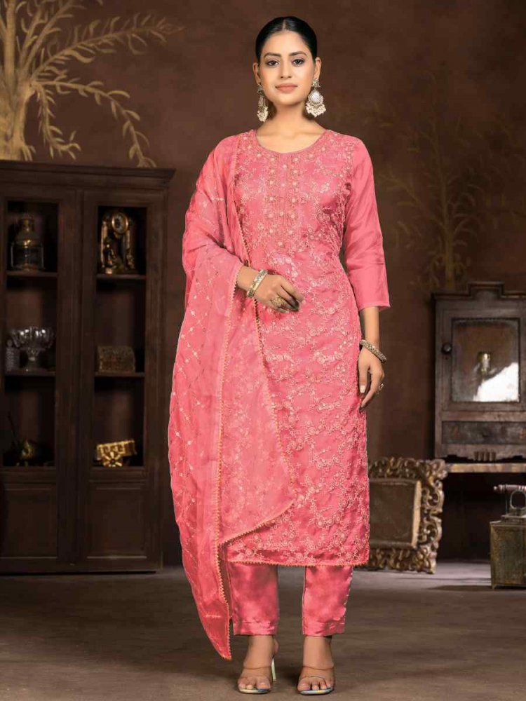 Rust Organza Embroidered Casual Festival Pant Salwar Kameez