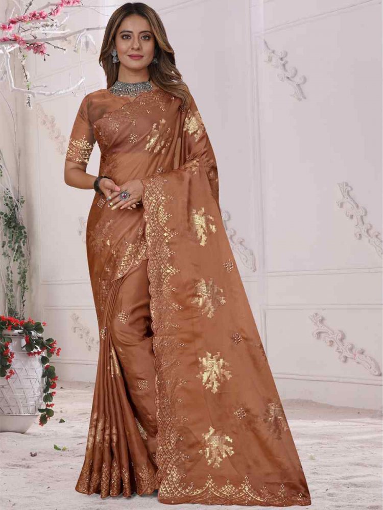 Rust Organza Soft Silk Embroidered Festival Party Heavy Border Saree