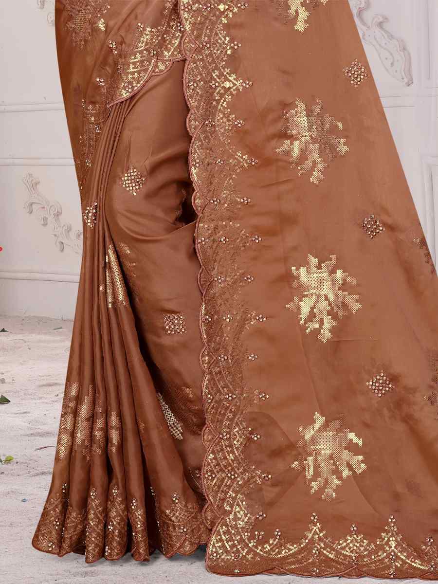 Rust Organza Soft Silk Embroidered Festival Party Heavy Border Saree