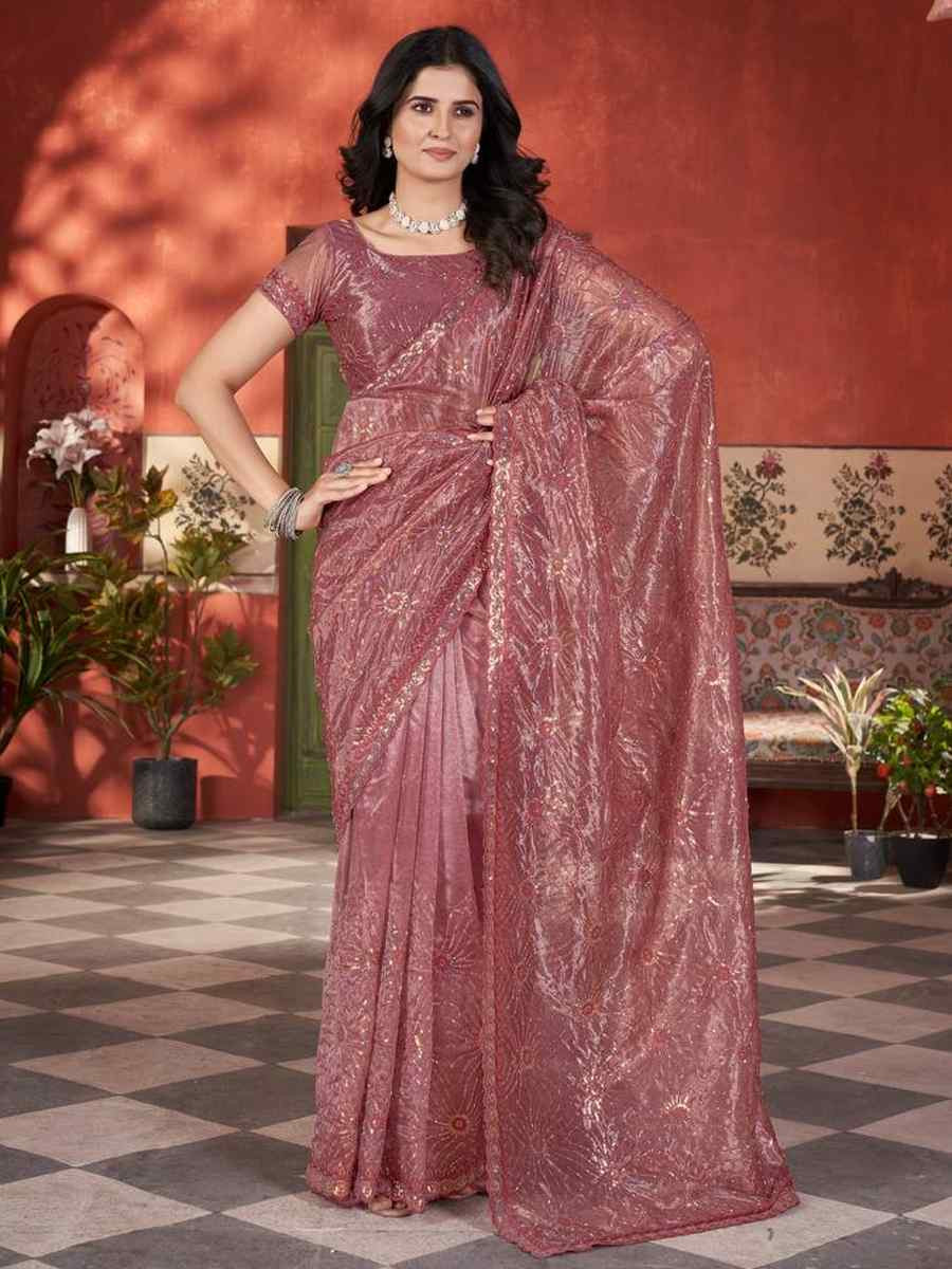Rust Pink Twill Net Embroidered Festival Wedding Fancy Heavy Border Saree